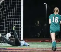  ?? JAMES BEAVER — FOR DIGITAL FIRST MEDIA ?? MaST Charter goalie Gianna Juiliana (21) is unable to make a diving save on a Dock Mennonite goal scored by Lauren Moatemri in the closing seconds to take the lead in the District 1-1A final Thursday.