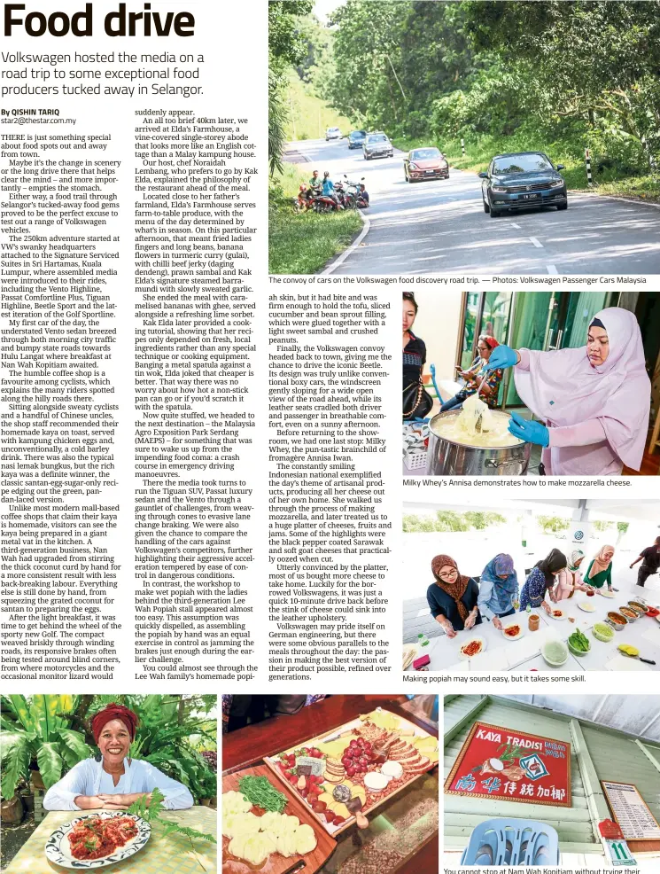  ??  ?? The convoy of cars on the Volkswagen food discovery road trip. — Photos: Volkswagen Passenger Cars Malaysia Milky Whey’s Annisa demonstrat­es how to make mozzarella cheese. Making popiah may sound easy, but it takes some skill. You cannot stop at Nam...