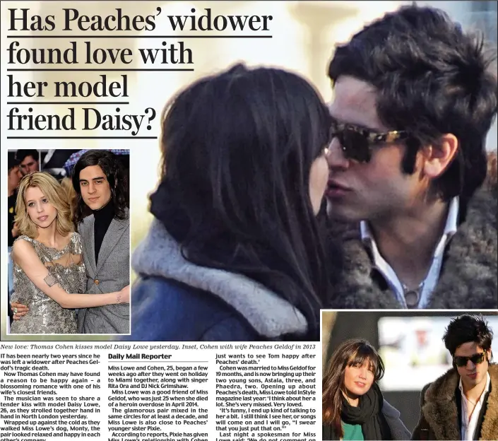  ??  ?? New love: Thomas Cohen kisses model Daisy Lowe yesterday. Inset, Cohen with wife Peaches Geldof in 2013
Cosy: The pair held hands as they walked in London