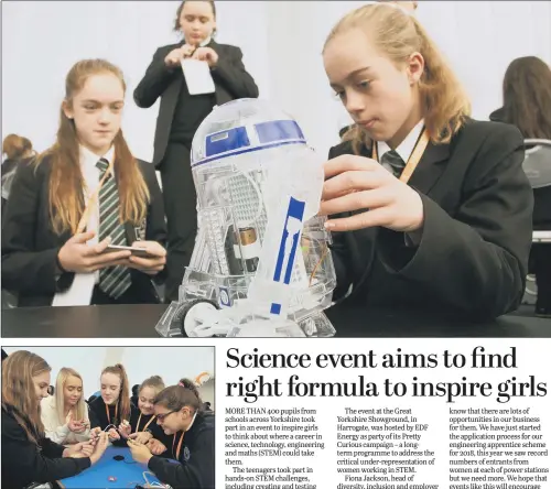  ??  ?? Top and above, pupils from from Roundhay High School, Leeds, building a figure from Star Wars powered by a mobile phone App at the STEM event.