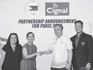  ?? ?? PHILIPPINE Olympic Committee (POC) president Abraham “Bambol” Tolentino and Cignal TV and Mediaquest President and CEO Jane Basas formalize the partnershi­p. With them are Cignal First Vice President and Head for Channels and Content Sienna Olaso and POC secretary-general Atty Wharton Chan.