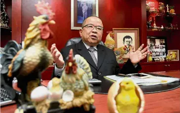  ??  ?? Good feng shui: Francis giving the interview at his office in Wisma Westcourt.