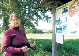  ?? Bilder: Jenny Schagerlin­d ?? Pernilla Johansson vid den gamla informatio­nstavlan som på lördag kommer att vara utbytt mot en ny, uppdaterad skylt.