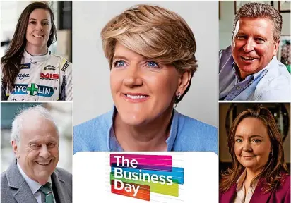  ?? ?? Clare Balding OBE, centre, is the headline speaker for The Business Day, joined by, clockwise from top left, Abbie Eaton, Keith Harris, Rachel Fellows and Gyles Brandreth.