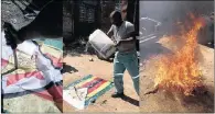  ?? PICTURE: TWITTER ?? FUELLING THE FIRE: Images of a man believed to be Zimbabwean surfaced yesterday as he stabbed and set alight the country’s flag.