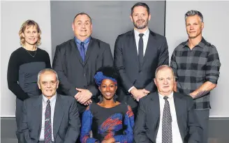  ?? NICK PEARCE ?? The 2019 Nova Scotia Sport Hall of Fame induction ceremony was Friday night in Halifax. Inductees are: front row, from left: to R: Henry Boutilier of Glace Bay (builder, baseball); Justine Colley-Leger of East Preston (athlete, basketball) and Roger Caulfield of Springhill (builder, basketball). Back row: Suzanne Moir of Dartmouth (athlete, soccer); Jackie Barrett of Halifax (athlete, powerlifti­ng); Jody Shelley of Yarmouth (athlete, hockey); Morgan Williams of Cole Harbour (athlete, rugby).