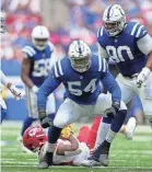  ?? JENNA WATSON/INDYSTAR ?? Colts defensive end Dayo Odeyingbo celebrates after a tackle Sunday against the Chiefs.