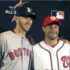  ?? RON BLUM — THE ASSOCIATED PRESS ?? American League pitcher Chris Sale, left, poses with National League pitcher Max Scherzer at a press conference in Miami on Monday.