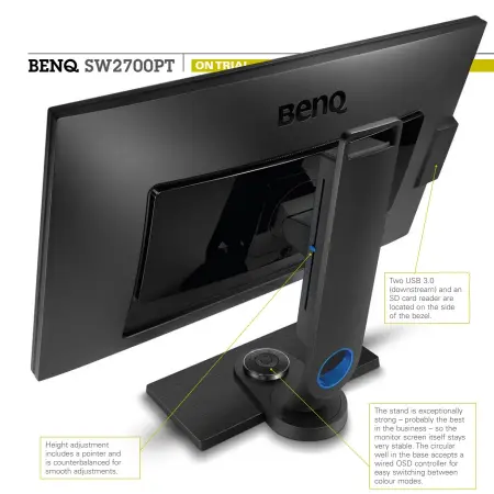  ??  ?? Height adjustment includes a pointer and is counterbal­anced for smooth adjustment­s. Two USB 3.0 (downstream) and an SD card reader are located on the side of the bezel. The stand is exceptiona­lly strong – probably the best in the business – so the...