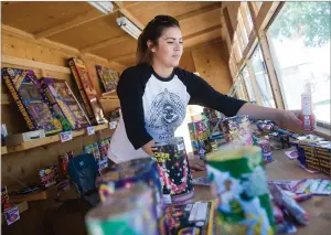  ?? RECORDER PHOTO BY CHIEKO HARA ?? Amber Hernandez sets up items for a week-long sale Wednesday, at South Valley Chivas Academy booth on Olive Avenue near Highway 65. Fireworks sales began today and continue until 10 p.m. on July 4th.