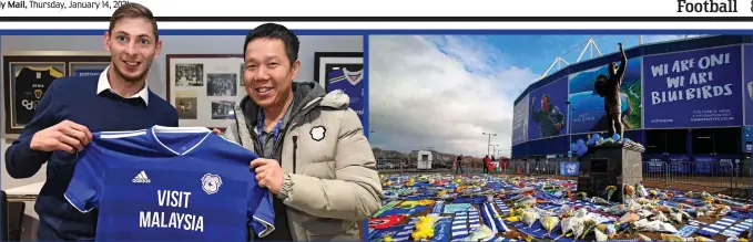  ?? AFP ?? Heartbreak­ing: Emiliano Sala is ‘unveiled’ as a Cardiff player
Memorial: tributes outside the Cardiff City Stadium after his tragic death