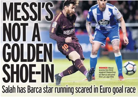  ??  ?? WINNER Messi scores his third against Deportivo as Barca secured the La Liga title