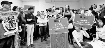  ??  ?? Salvadoran immigrant Hugo Rodriguez speaks during a news conference at the New York Immigratio­n Coalition following Trump’s announceme­nt to end the Temporary Protection Status for Salvadoran immigrants in Manhattan. — Reuters photo