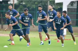  ??  ?? Chennaiyin FC players at a training session ahead of their ISL match against FC Goa.