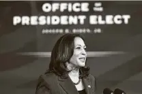  ?? Susan Walsh / Associated Press ?? Vice President-elect Kamala Harris has broken the glass ceiling of national politics, but women are faring less well in gaining equal access to the pulpit in many evangelica­l churches.
