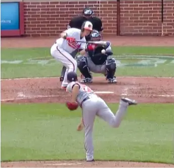  ?? MLB ?? The Orioles’ Chance Sisco ( above) caused quite a furor April 1, when he bunted against Twins pitcher Jose Berrios in the ninth inning with his team losing 7- 0. The Twins ( left) were in a shift and had left the third- base side of the infield vacant.