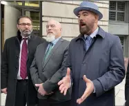  ?? Arkansas Democrat-Gazette/Bill Bowden ?? Richard “Bigo” Barnett’s legal team talks with reporters about the verdict outside federal court on Monday Jan. 23, 2023, in Washington. From left to right, Jonathan Gross, Richard “Bigo” Barnett and Joseph McBride.