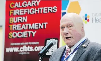  ?? PHOTOS: GAVIN YOUNG ?? Burn victim Don Adamson, who credits his recovery to specialist­s at the Foothills Hospital, was on hand as Calgary firefighte­rs donated $1.44 million to the hospital’s burn treatment centre.