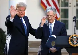  ?? (Carlos Barria/ Reuters) ?? US PRESIDENT Donald Trump at the news conference introducin­g Jerome Powell, his nominee to become chairman of the US Federal Reserve, at the White House in November 2017.