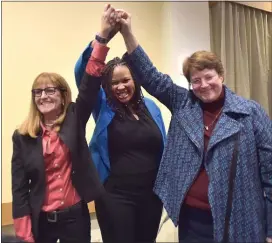  ?? PETE BANNAN - MEDIANEWS GROUP ?? Democrats Elaine Paul Schaefer, left, Monica Taylor and Christine Reuther celebrate their victory in the race for Delaware County Council Tuesday night.