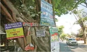  ?? DIMAS MAULANA/JAWA POS ?? LANGGAR ATURAN: Banyak pamflet iklan yang terpasang pada pohon di Jalan Kesatrian, Buduran, kemarin.