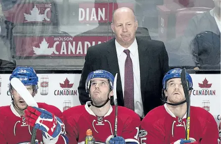  ?? GRAHAM HUGHES/THE ?? Montreal Canadiens head coach Claude Julien looks on during third period NHL hockey action against the Winnipeg Jets in Montreal, on Saturday.