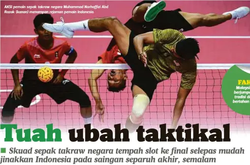  ??  ?? AKSI pemain sepak takraw negara Muhammad Norhaffizi Abd Razak (kanan) menampan rejaman pemain Indonesia.