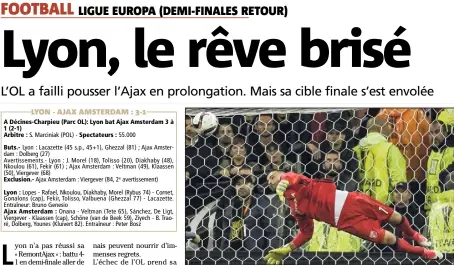  ?? (Photo AFP) ?? Les filets de Lopes ont tremblé une fois de trop. Adieu Ligue Europa !
