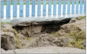  ?? (AP/The National Butterfly Center) ?? This photo provided by the National Butterfly Center shows damage Sunday caused by Tropical Storm Hanna at the Fisher border wall, a privately funded border fence on the Rio Grande River near Mission, Texas.