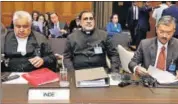  ?? REUTERS ?? Former solicitor general Harish Salve, who is representi­ng India, with VD Sharma and Deepak Mittal, joint secretarie­s, MEA, at the Internatio­nal Court of Justice at The Hague on Monday.