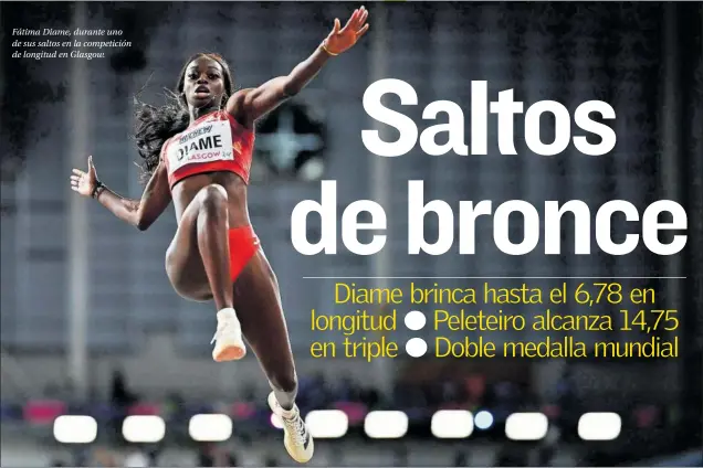  ?? ?? Fátima Diame, durante uno de sus saltos en la competició­n de longitud en Glasgow.