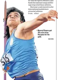  ?? REUTERS ?? Neeraj Chopra got ~3 crore from Haryana for his gold.