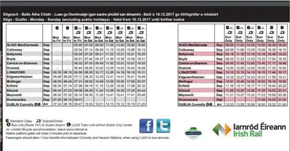  ??  ?? Current Timetable from Sligo to Dublin which is due to change and get an extra service each way by the middle of the year.