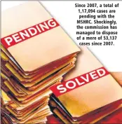  ??  ?? Since 2007, a total of 1,17,094 cases are pending with the MSHRC. Shockingly, the commission has managed to dispose of a mere of 53,137 cases since 2007.