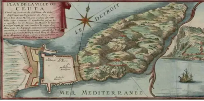  ??  ?? Plano de Ceuta en 1727, en el momento de finalizar el asedio y desmantela­rse el campamento enemigo.