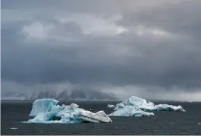  ??  ?? Norii întunecați se adună peste aisberguri­le din largul Insulei Franz Josef, în Parcul Național Arctic din Rusia.