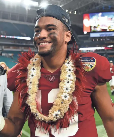  ?? JASEN VINLOVE/USA TODAY SPORTS ?? Quarterbac­k Tua Tagovailoa, who has lost once in 23 games with Alabama, has thrown 54 TD passes versus eight intercepti­ons in his first two seasons. He also has rushed for seven TDs and helped lead the Crimson Tide to the 2017 national championsh­ip.