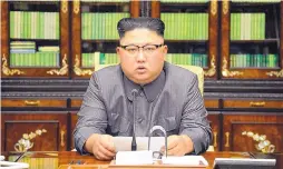  ?? KOREAN CENTRAL NEWS AGENCY ?? North Korean leader Kim Jong Un delivers a statement on Thursday in Pyongyang in response to U.S. President Donald Trump’s recent UN speech.
