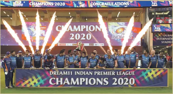  ?? Sportzpics for BCCI ?? Mumbai Indians are crowned IPL champions after beating Delhi Capitals at Dubai Internatio­nal Stadium last night.