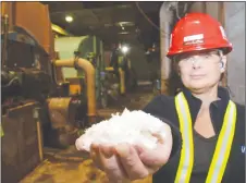  ?? AARON BESWICK SALTWIRE NETWORK ?? Northern Pulp spokeswoma­n Kathy Cloutier holds bleached kraft pulp made at the Pictou County mill.