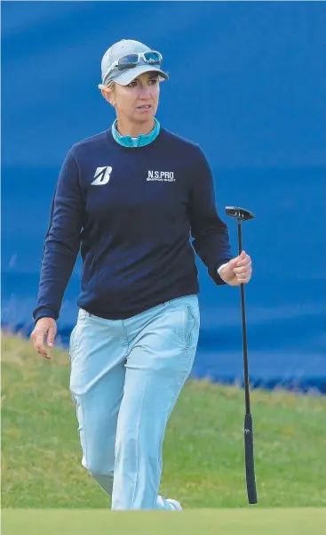  ??  ?? SUPERB RUN: Karrie Webb lines up a putt at the 18th green during the first day of the Scottish Open at Dundonald Links Golf Course. Picture: GETTY