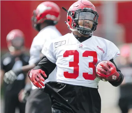  ?? LORRAINE HJALTE/ CALGARY HERALD ?? Running back Keith Toston is back in the Stampeders’ fold after being a late cut from training camp this year. With starter Jon Cornish sidelined by a broken thumb, Toston gives the team some depth at running back as they prepare to face Ottawa on the...