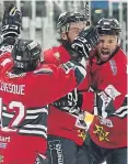  ??  ?? Stars players celebrate Adam Harding’s goal.