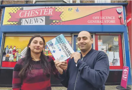  ??  ?? Jason and Amanjot Kooner, who run the Chester News, have sold a £1million-plus ticket to one of their customers.