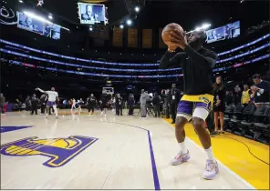  ?? ASHLEY LANDIS — THE ASSOCIATED PRESS ?? The Lakers’ LeBron James warms up before Tuesday’s game against Oklahoma City in Los Angeles. James began play on Tuesday needing 36points to pass Kareem Abdul-Jabbar and become the NBA’s all-time leading scorer.