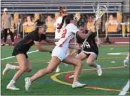  ?? MIKE CABREY - MEDIANEWS GROUP ?? Owen J. Roberts’ Gabbi Koury (22) drives towards the net for a goal against Boyertown during their first half of the PAC final on Thursday, May 11, 2023 at Upper Merion.
