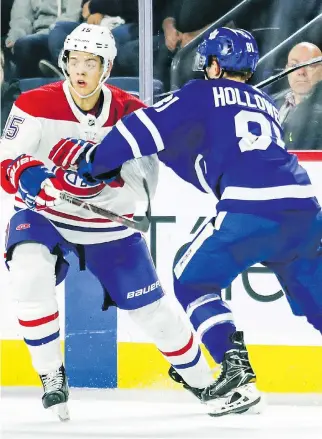  ?? JOHN MAHONEY ?? Montreal Canadiens’ Jesperi Kotkaniemi, left, looked a bit lost on the smaller North American ice in his first pre-season game but has adapted quickly and was chosen first star at his most recent game.