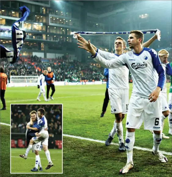  ?? FOTO: LARS KRABBE ?? FC Københavns Claudemir griber et tørklaede fra en fan, så han sammen med Jesper Grønkjaer (i baggrunden) kan juble over 3-1-sejren mod Panathinai­kos i 2010. På det lille foto jubler samme Grønkjaer med William Kvist.