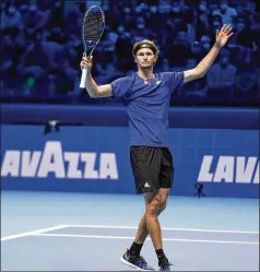  ?? LUCA BRUNO/ASSOCIATED PRESS ?? Alexander Zverev reacts after defeating Novak Djokovic in their ATP World Tour Finals semifinal Saturday at the Pala Alpitour in Turin, Italy. Zverev won 7-6, 4-6, 6-3.