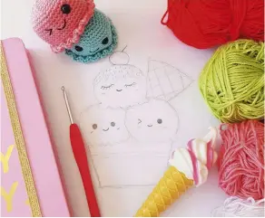  ??  ?? Left: A glimpse of Jennifer's ice cream planning sketch and some of her little cute scoops in progress, photograph by Jennifer Santos. Right: This amigurumi dessert in a bowl is made all the more tempting with the addition of strawberri­es and cream and...